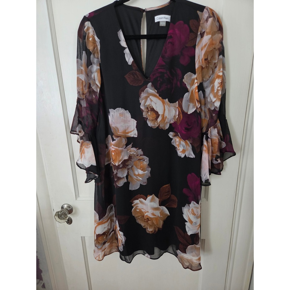 Calvin Klein Floral V-Neck Ruffle Bell Sleeve Shift Dress Black CD8HNG11 Size 8